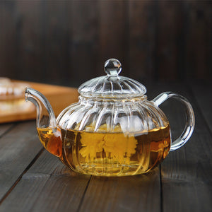 600ml Striped pumpkin shape flower teapot Glass Teapot with Infuser Tea