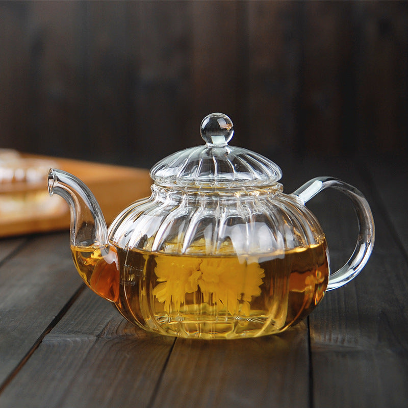 600ml Striped pumpkin shape flower teapot Glass Teapot with Infuser Tea